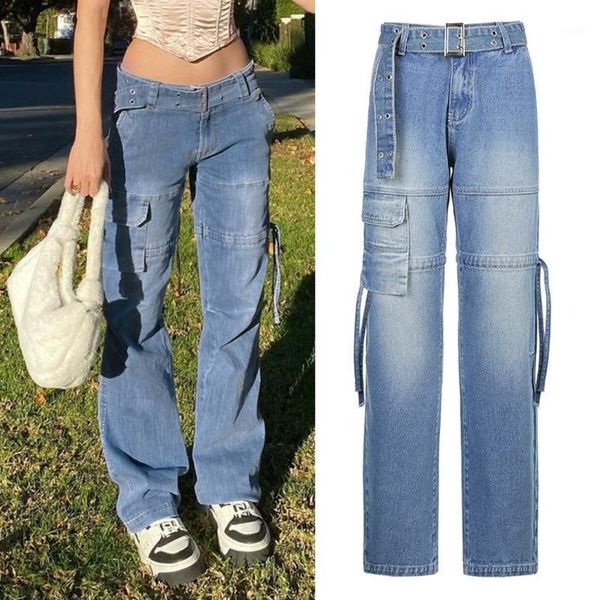 

women's pants & capris women high waist straight leg baggy jeans multi pockets relaxed fit gradient blue cargo strappy ribbon harajuku, Black;white