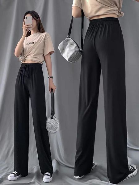 

women's pants & capris slacks loose summer soft ice silk ankle-length black wide leg grey khaki women high waisted trousers, Black;white