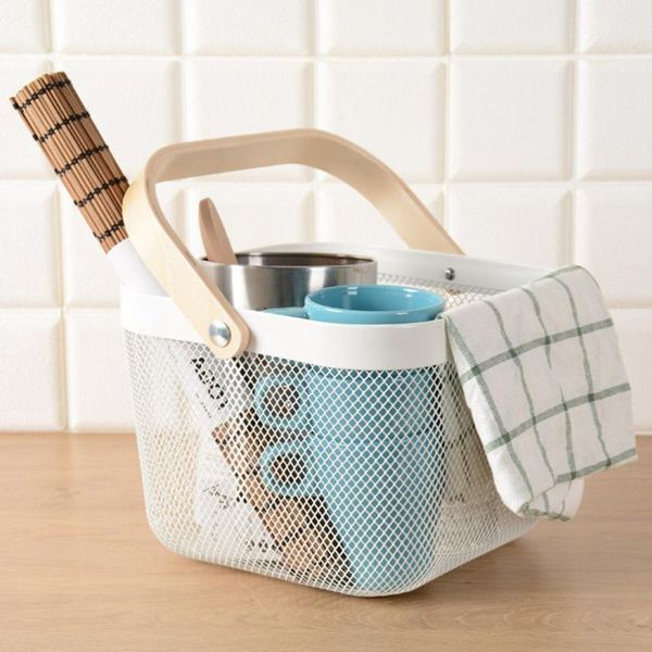 

storage baskets wood handle metal net basket fruit vegetable home hollow organizer for picnic shopping