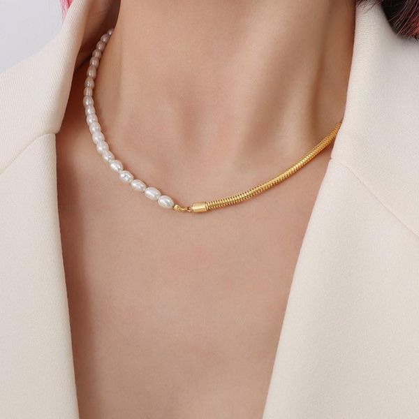 

chains titanium with 18k gold snake chian real pearl choker necklace designer t show runway gown rare ins japan korean boho gothic, Silver