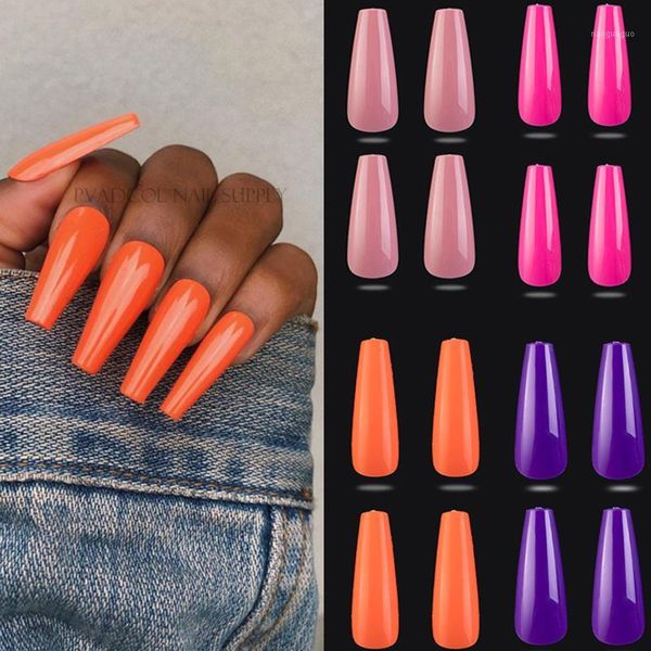 

100pcs press on long coffin nails ballerina false nail tips full cover neon fake acrylic design supply1, Red;gold