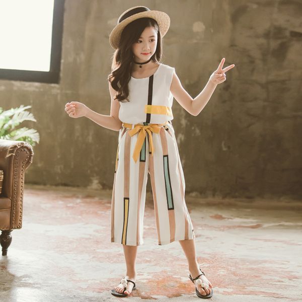 

kids summer clothes set patchwork girl clothes vest + striped pants girls clothes teenage kids tracksuit 6 8 10 12 14, White