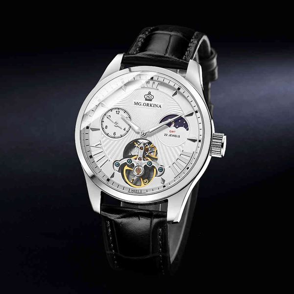 

men's watches brand luxury sapphire crystal glass rvs case automatic mechanical male clock caary leather strap, Slivery;brown