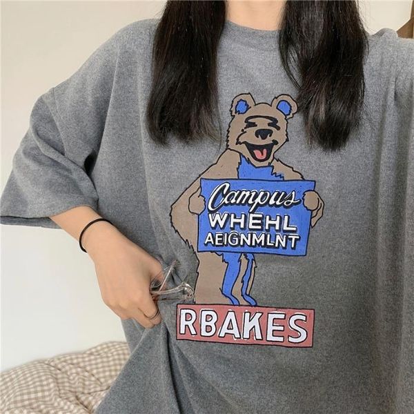 

women's t-shirt casual summer women short sleeve harajuku cartoon kawaii print fashion loose cotton streetwear fun tee, White