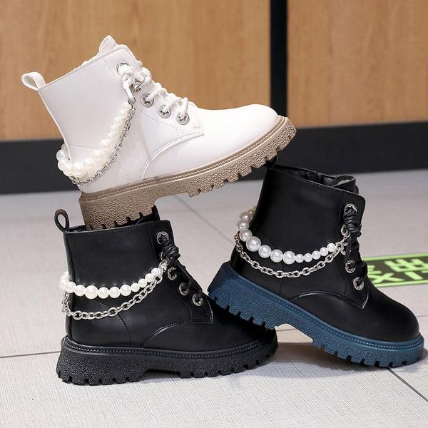 Crianças botas de outono metal chian casual plana curta princesa pérola legal