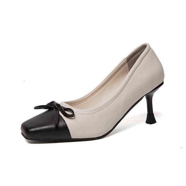 

in the autumn of 2021, korean version square head shallow mouth splicing high-heeled single shoe women's thin heel bow one