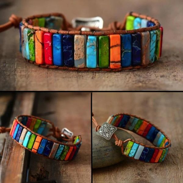 

charm bracelets natural stone handmade multi color chakra bracelet tube beads leather wrap creative gifts jewelry, Golden;silver