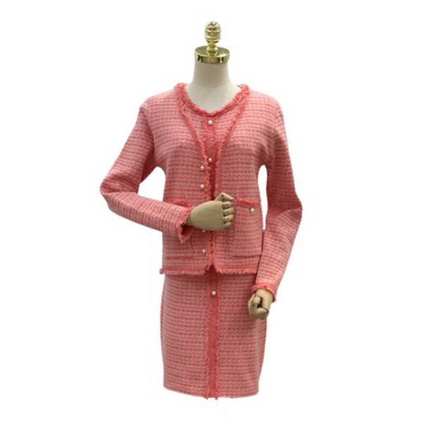 

perhaps u autumn pink tweed knitted set two pieces cardigan sleeveless tank vest dress pearl button tassel rough eadge t0258 210529, White