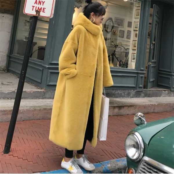 

winter hooded women faux fur coat ladies thick warm outwear long jacket casaco feminino inverno tedy 211220, Black