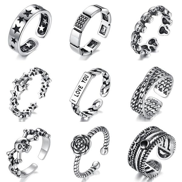 

cluster rings luxury vintage thai silver color adjustable big chunky for men women boho black letter flower star jewelry s-r2180, Golden;silver