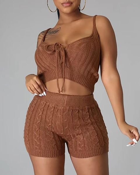 

women's tracksuits knit tied detail & high waist shorts set, Gray
