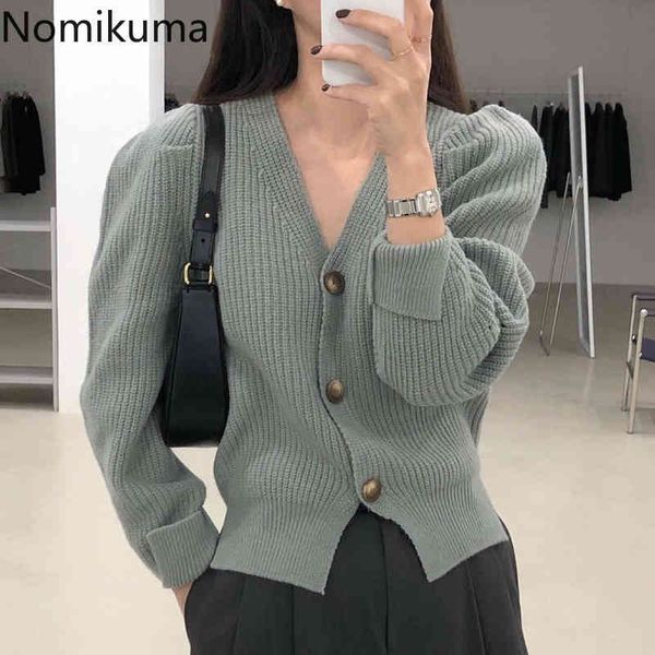 

nomikuma sweater coat causal korean puff long sleeve v-neck knitted cardigan autumn winter new knitwear outerwear 6d424 210427, White;black
