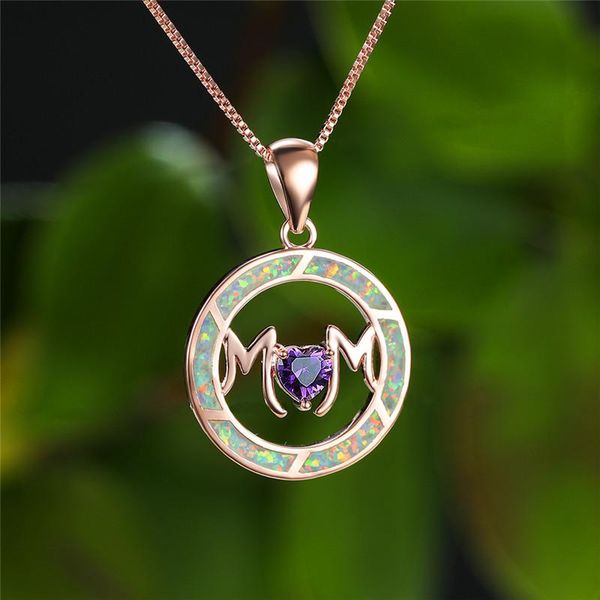 

pendant necklaces vintage female heart crystal necklace classic rose gold color chain for women round hollow opal mom, Silver