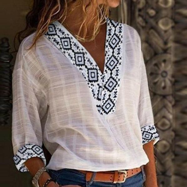 

women's t-shirt women fashion v-neck loose long sleeve lady casual chiffon summer suit any clothing style, White