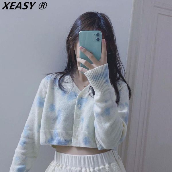 

women's knits & tees xeasy 2021 women fashion tie-dye knitted cardigan vintage v neck single breasted sweet girl streetwear short sweat, White