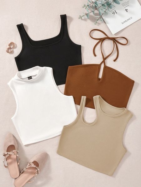 

4pcs rib-knit solid v0ae#, White