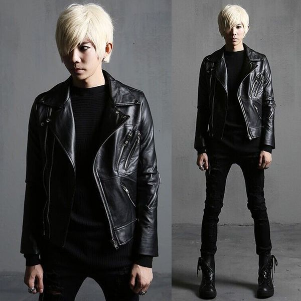 

men's fur & faux autumn punk leather jacket skull motorcycle multi zippers slim fit pu clothing jssg, Black