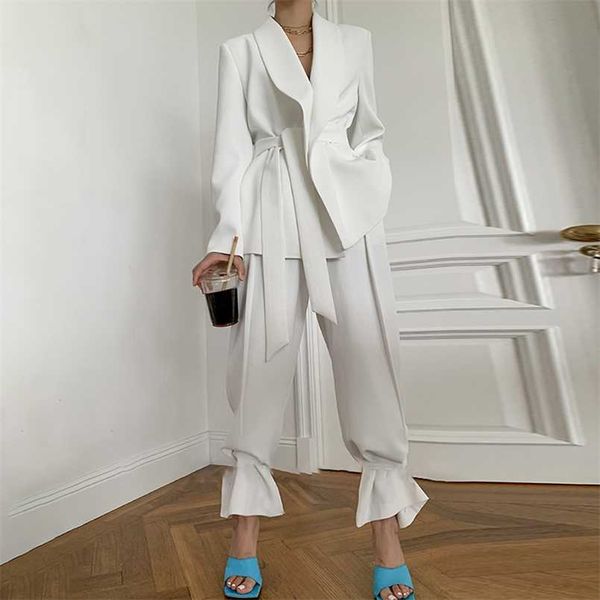 

[ewq] coat high waist pants legs adjustable pants female casual set women set lapel collar long sleeve loose belt blazer 211007, White