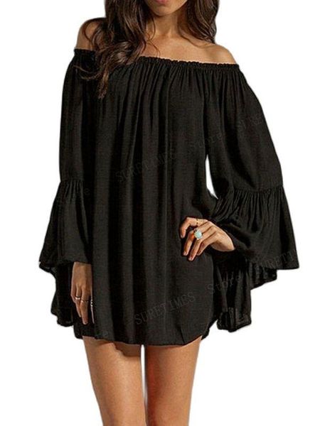 

off the shoulder women summer dress 2021 slash neck long sleeve short chiffon party dresses plus size casual vestidos, Black;gray