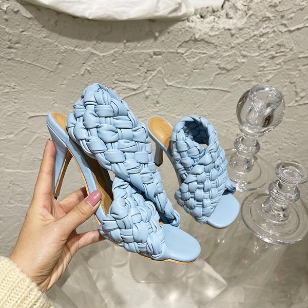 

luxury designer weave slides women 9cm high heels blue mules fetish summer outdoor sandals lady slippers peep toe shoes, Black