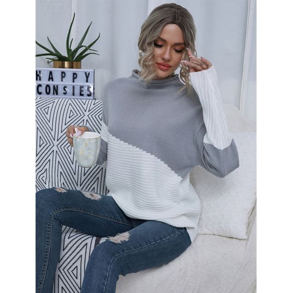 

casual fashion temperament sweater women's winter 2021 color matching small stand collar, White;black