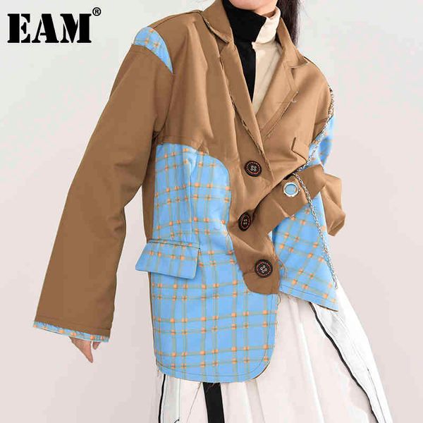 

[eam] women khaki plaid blue big size blazer lapel long sleeve loose fit jacket fashion spring autumn 1z17604 21512, White;black