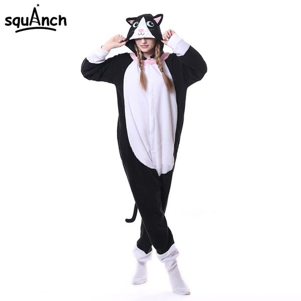 

animal black cat kigurumis onesie men women dj kitty matching pajama overall sleepwear cartoon carnival jumpsuit fantasias, Black;white