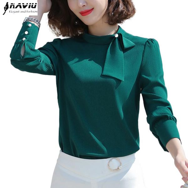 

women's blouses & shirts fashion stand collar bow shirt women formal long sleeve chiffon office ladies plus size elegant, White