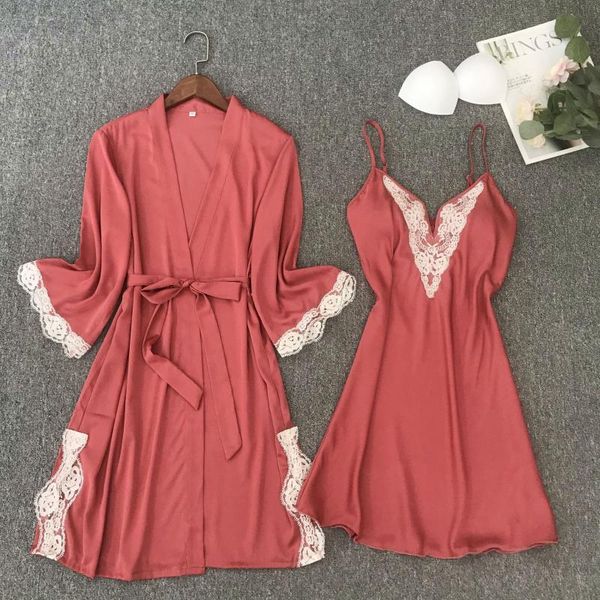 

bride bridesmaid wedding robe set satin v-neck nightgown&bathrobe suit women lace trim kimono bath gown lounge negligee women's sleepwe, Black;red