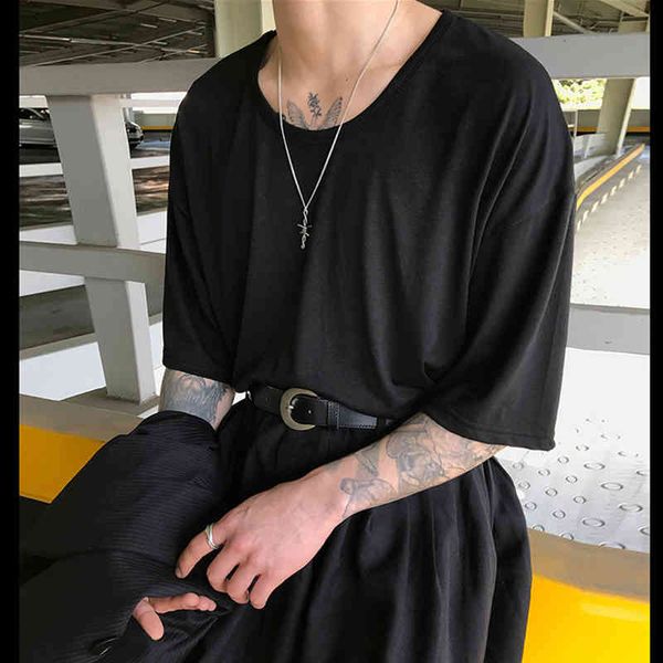 

round neck short summer shirt loose and versatile male cotton upper half sleeve qnyn, White;black