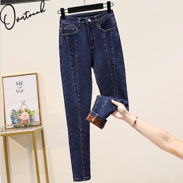 

women's jeans overtouch women cothing oversize cotton denim pencil pants fleece thicken elastic waist lady trousers autumn winter, Blue