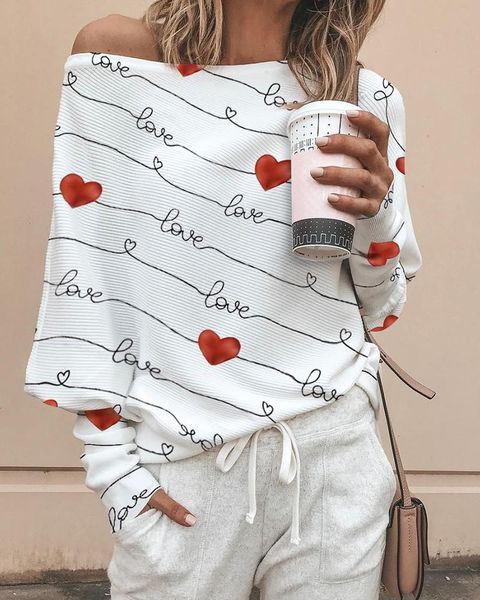

women's t-shirt women heart love letter bat sleeve long batwing shirts top, White
