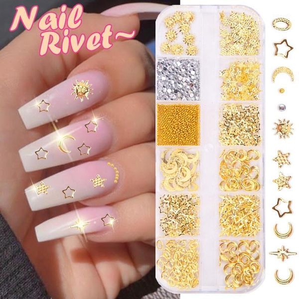 

grid mixed style nail art moon star gold metal rivet studs 3d diy charm decoration accessories jewelry glitter manicure stone1, Silver;gold