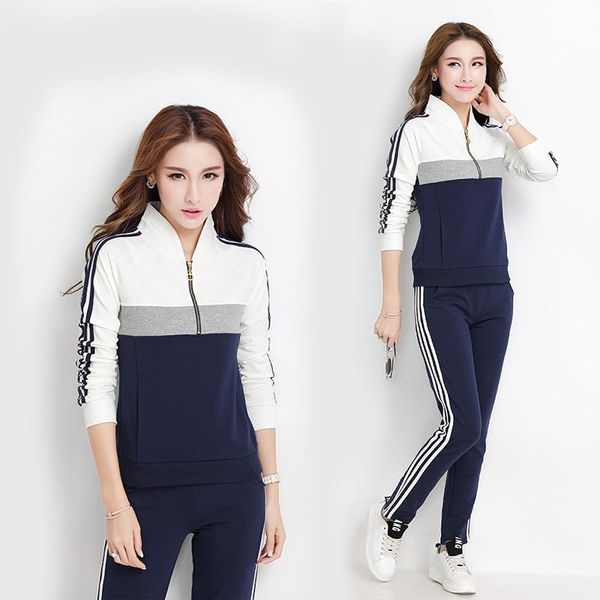 

women sports set 2 piece cotton outdoor running striped pullover sweatshirts pants suit outfits patchwork casual tracksuit -3xl women, White