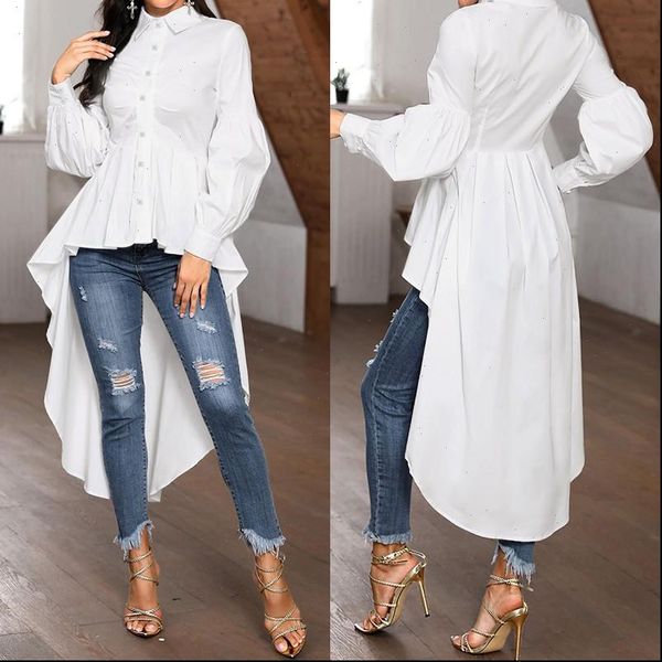 

women blouses stylish asymmetrical womens spring blouse zanzea casual button down blusas female lapel puff sleeve shirts oversized, White