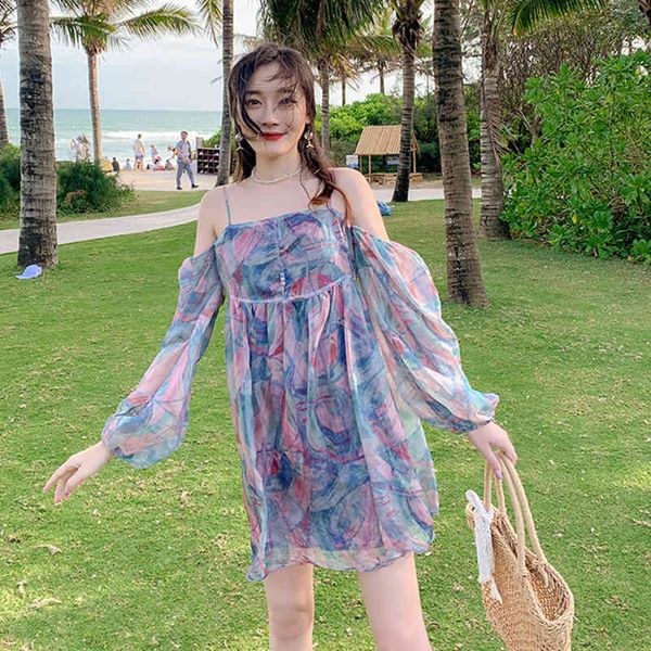 

arrival summer mini girly dress girdles off release chiffon impression beach as vacation, Black;gray