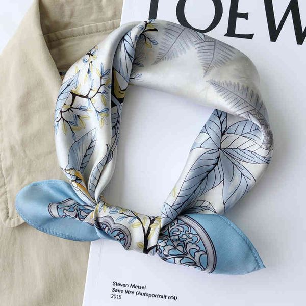 

ladies fashion soft floral leaf printed women bag hair handkerchief 53cm small square 100% natural pure silk scarf, Blue;gray