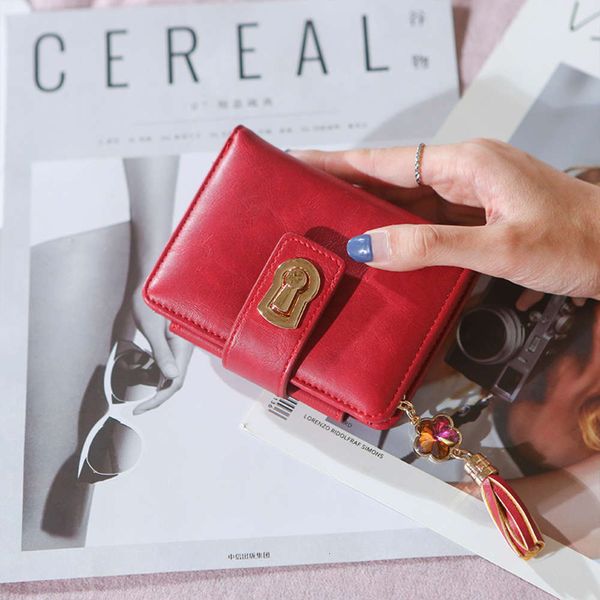 

ladies short wallet retro zipper luxury folding mini square brand designer card bag tassel handmade, Red;black
