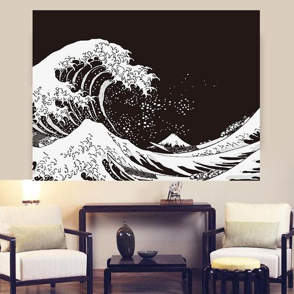 

tapestries black-and-white waves ukiyo-e tapestry decorative painting kanagawa surfing background cloth