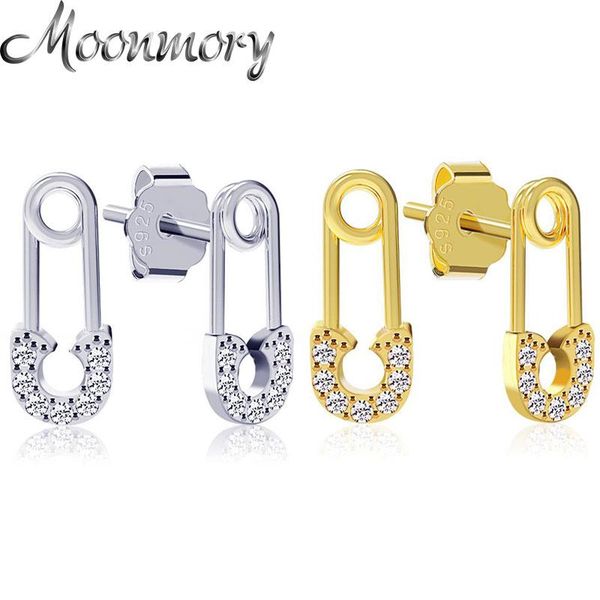 

moonmory fashion jewelry 925 sterling silver safety pin wedding earring simple gold stud paper for women, Golden;silver