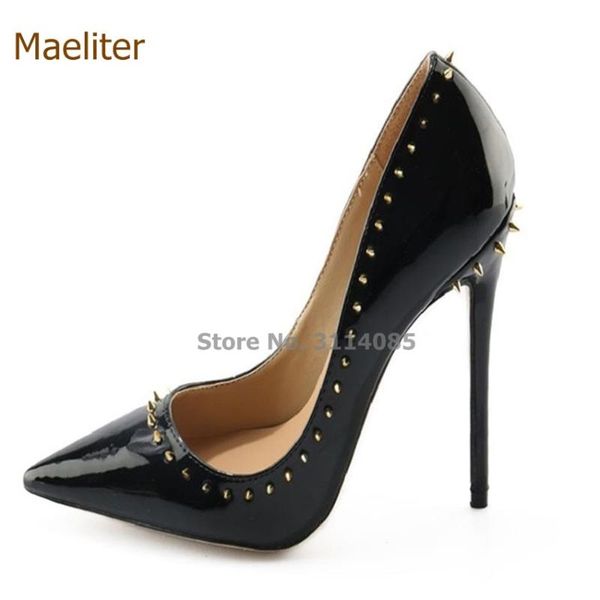 

dress shoes women black shiny patent leather pointy toe pumps rivets stiletto heels nightclub girls trendy wedding