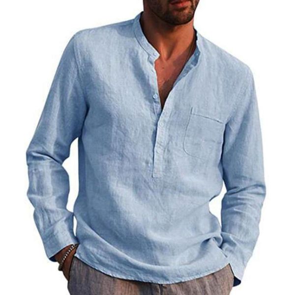 T-shirt da uomo 2021 T-shirt a maniche lunghe da uomo T-shirt in lino con bottoni Top Camicia con scollo a V allentata estiva Moda T-shirt da uomo casual