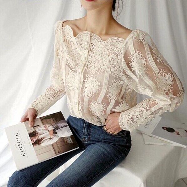 

women's blouses & shirts 2 pcs spring summer women slash floral embroidery sweet lace long sleeve organza blusa cc303, White