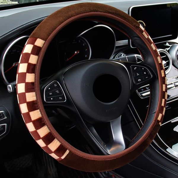 

steering wheel covers black and white check plush elastic cover winter sports warm automobile car assessoires