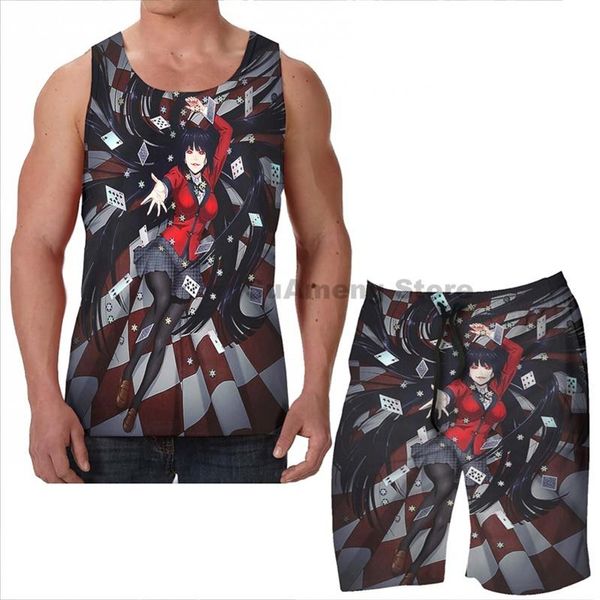 

men's tracksuits summer funny print men tank women kakegurui 2 beach shorts sets fitness vest, Gray