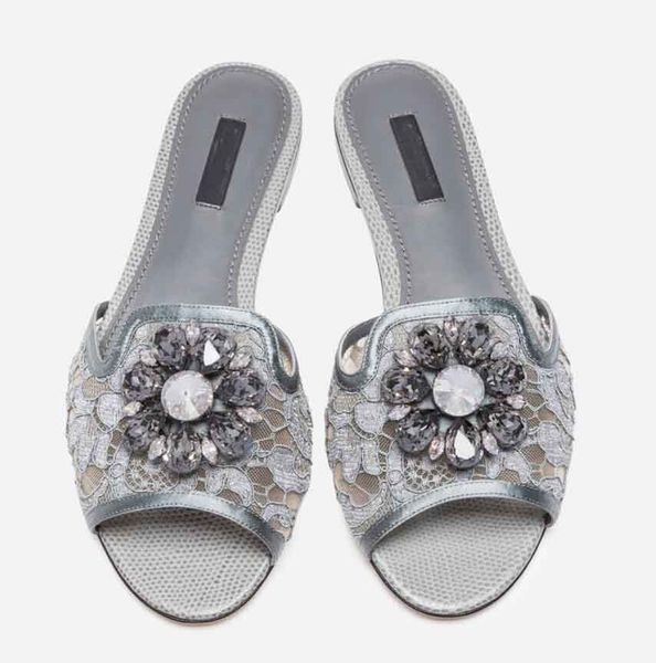 Zarif Markalar Gökkuşağı Dantel Sandalet Terlikler Daireler Çiçek Kristaller Markalı Deri Taban Slayt Mücevherli Süsleme Katır Rahat Yürüyüş EU34-43