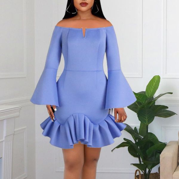 

casual dresses women party off shoulder long flare sleeve ruffles prom bodycon mini classy ladies evening dinner date out robes african, Black;gray
