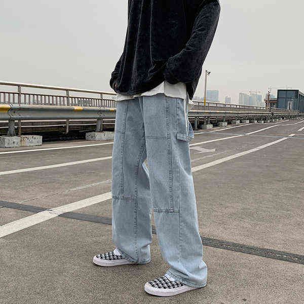 

men's trendy brand high street hip-hop jeans loose casual printing hong kong style fashion wide-leg pants men's clothing 0309, Blue
