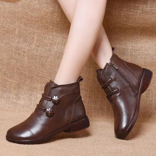 

the first layer of cowhide, retro comfortable and soft cotton shoes, tendon sole, flat-heeled leather ankle boots, side zipper boots, Black