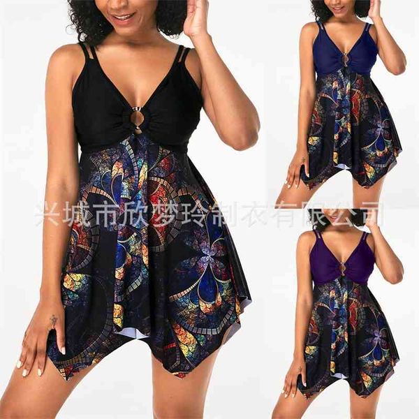 

2021 new strap split swimsuit plain skirt color printed bikini, White;black